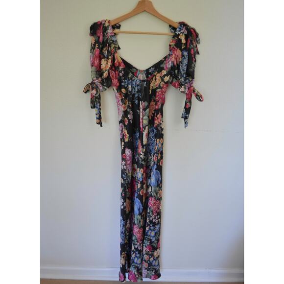 Selkie The Puck Poet 100% Silk Multicolor Floral Sweetheart Puff Sleeve Dress - Picture 9 of 11